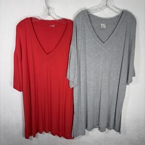 2) Soma Modern SOFT Sleep Shirt XL Womens Short Sleeve V-Neck Grey & Coral Chrty